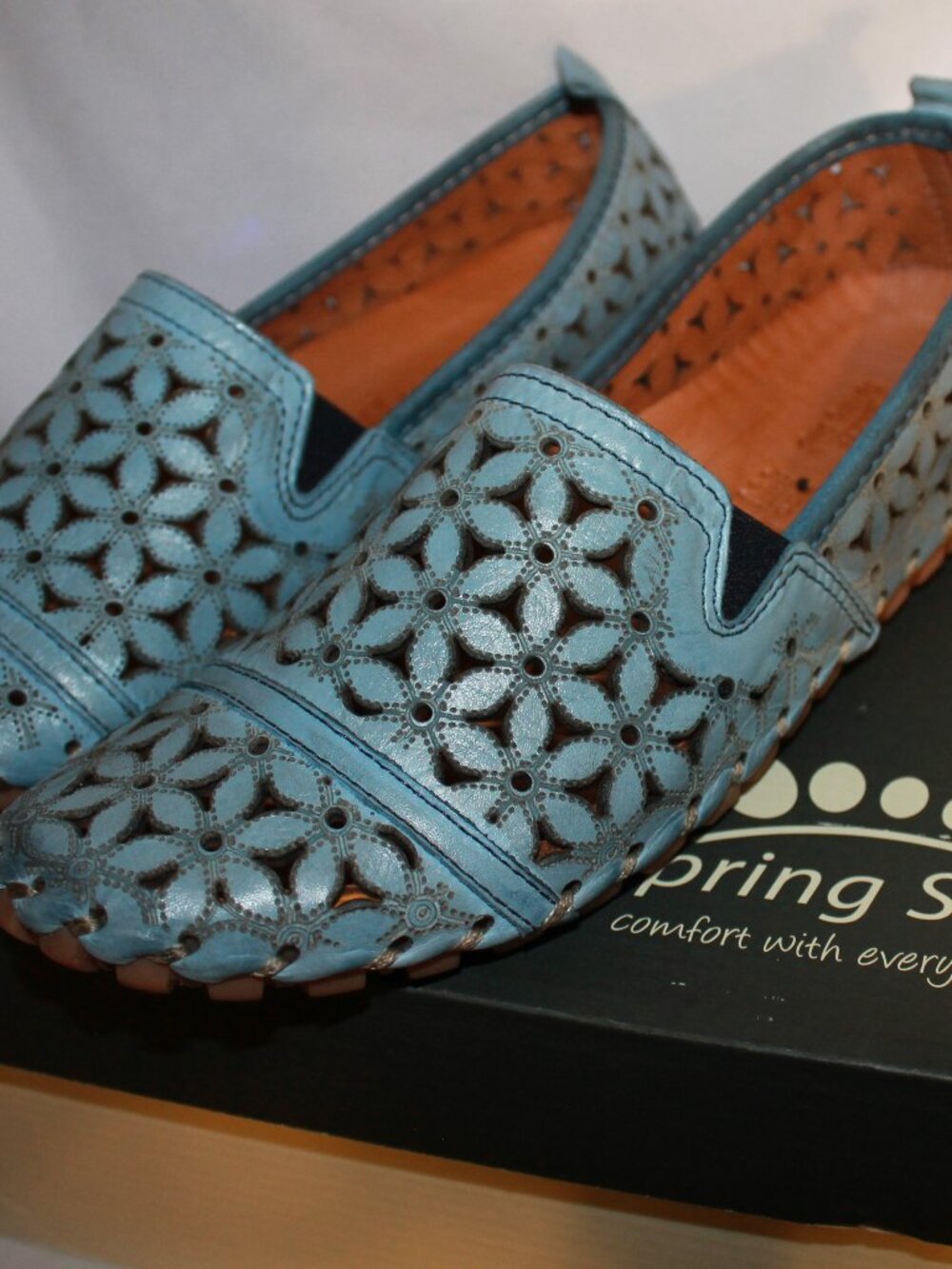 Spring Step Blue Perforated Floral Leather Slip-On Flats - Picture 2 of 4